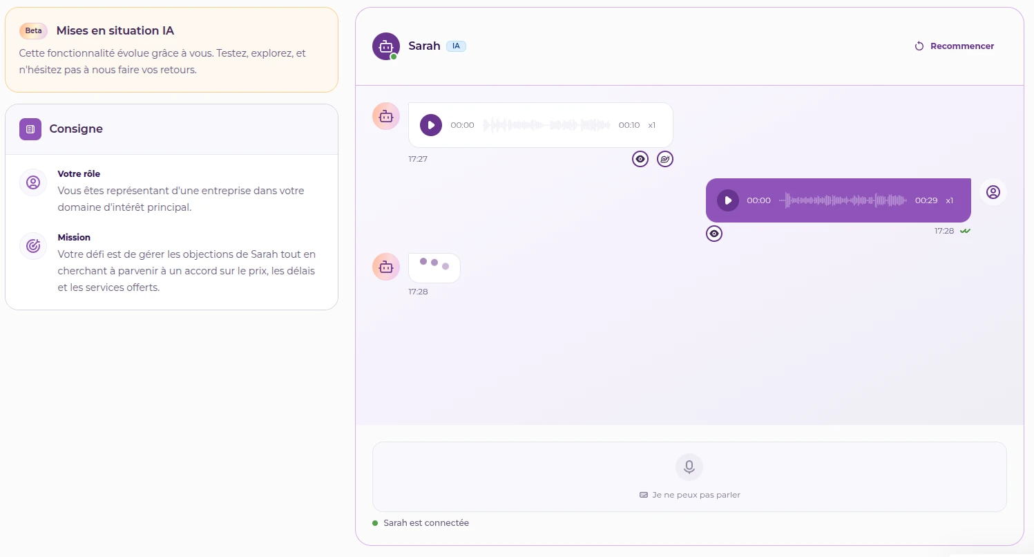 Mise en situation IA avec Sarah : consigne, rôle et conversation orale
